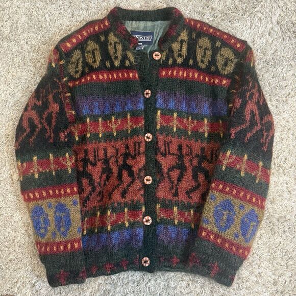 VTG Land’s End Mohair Wool Blend Cardigan Sweater Jacket Folk Art Southwestern - Picture 1 of 9